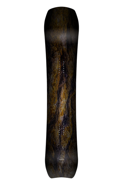 Kindred Tsitika snowboard with a moody dark tree bark topsheet artwork. Made in Canada.