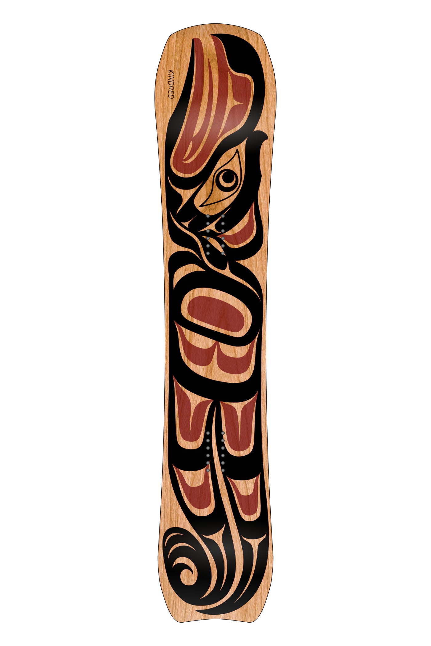 Woodgrain Kindred Tsitika snowboard featuring a bold graphic coastal formline design of a raven in black and red. Artwork by Karver Everson.