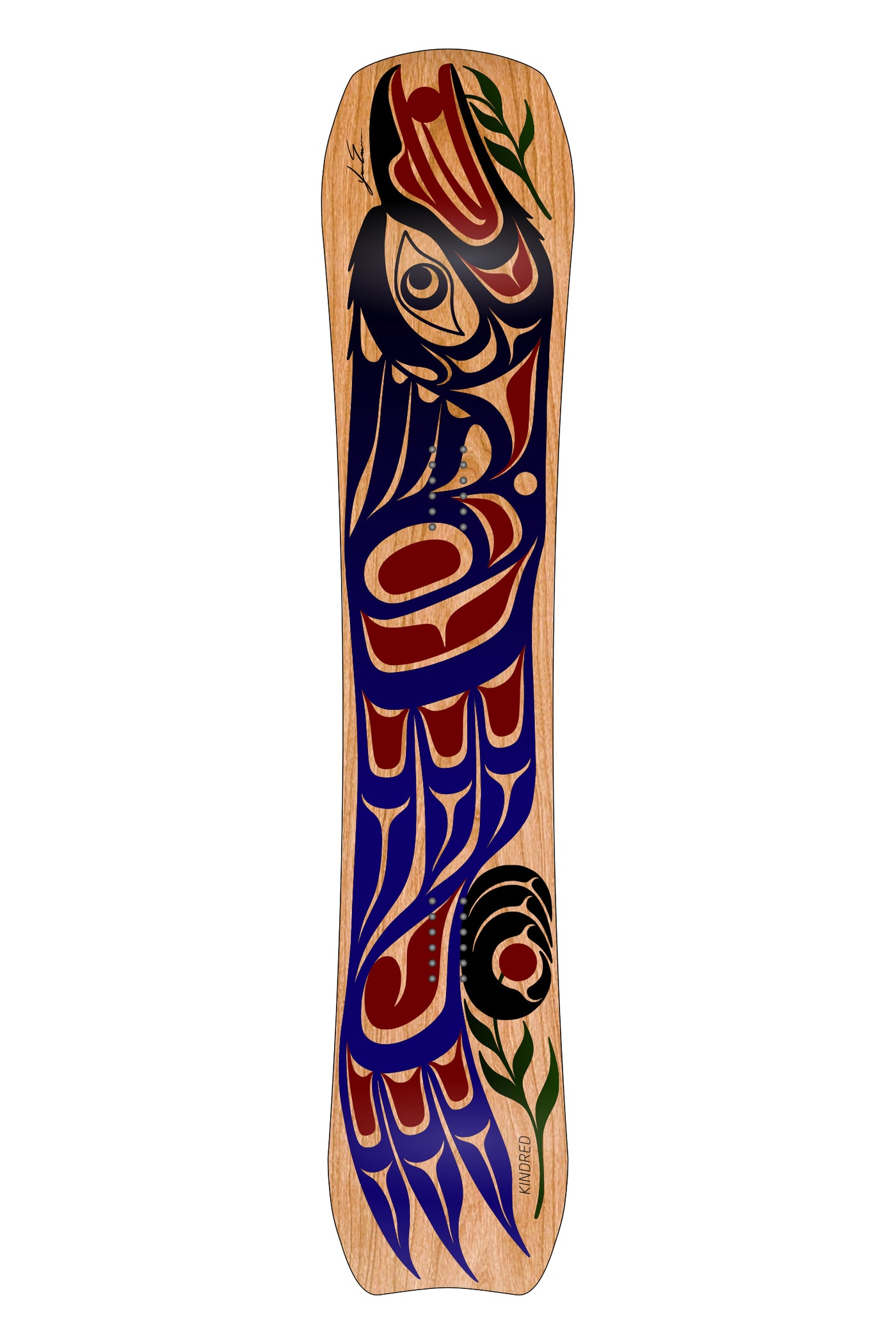 Woodgrain Kindred Tsitika snowboard featuring a bold graphic coastal formline design of a stellar jay in blue, black and red. Artwork by Karver Everson.
