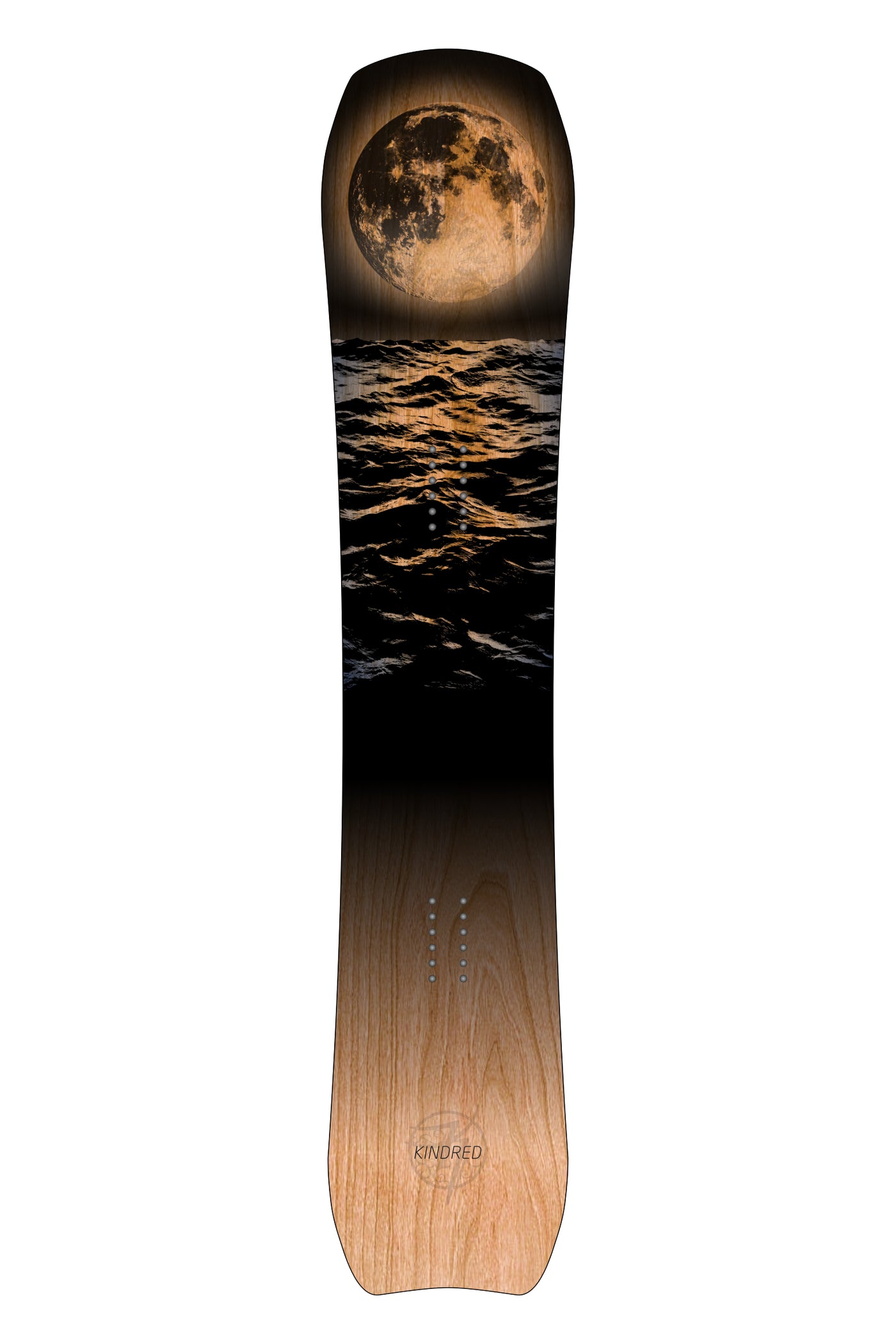Kindred Tsitika Snowboard with a detailed full moonlit sea design overtop of a wooden background.