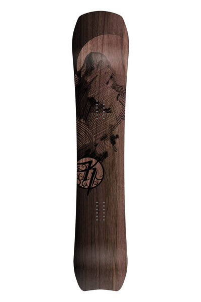Kindred Tsitika snowboard with hand sketched mountain artwork over wood topsheet. 