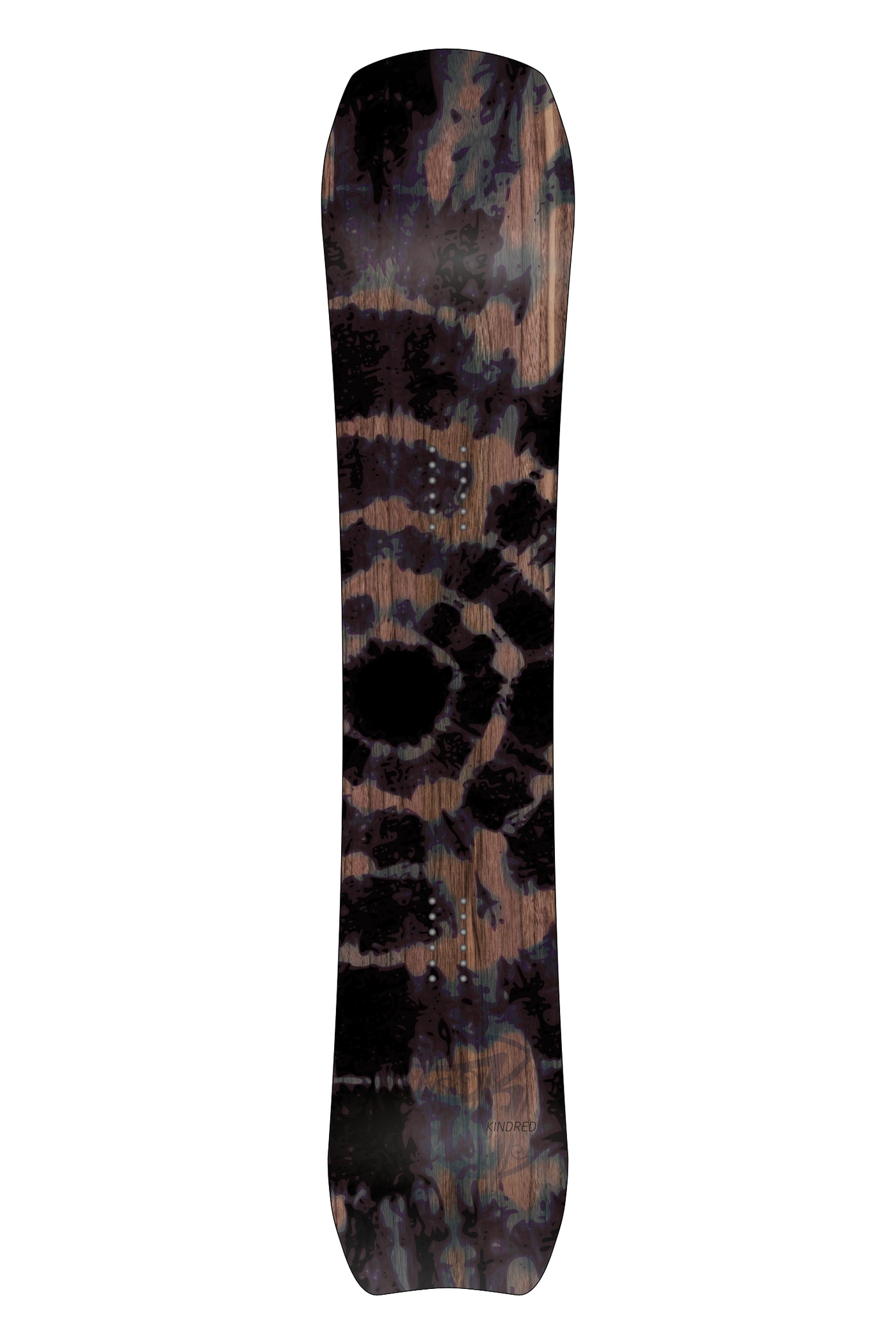 Kindred Tsitika snowboard decorated in black and blue Tie-dye overtop of woodgrain.
