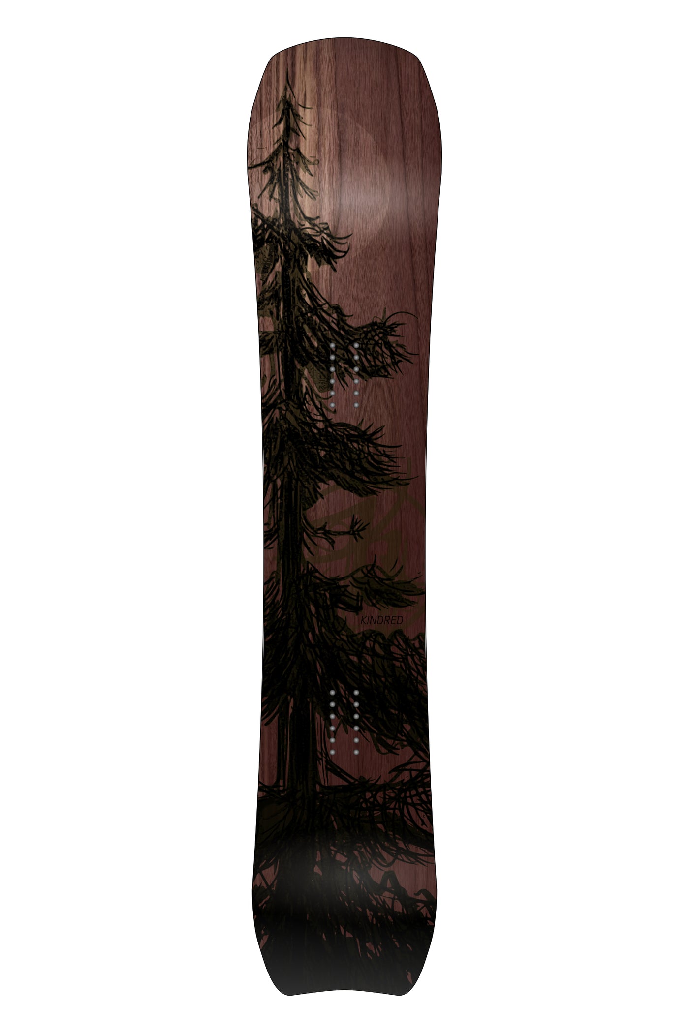 Wooden Kindred snowboard with a hand sketched tree design in front of a glowing moon.