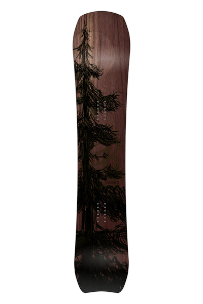 Wooden Kindred snowboard with a hand sketched tree design in front of a glowing moon.