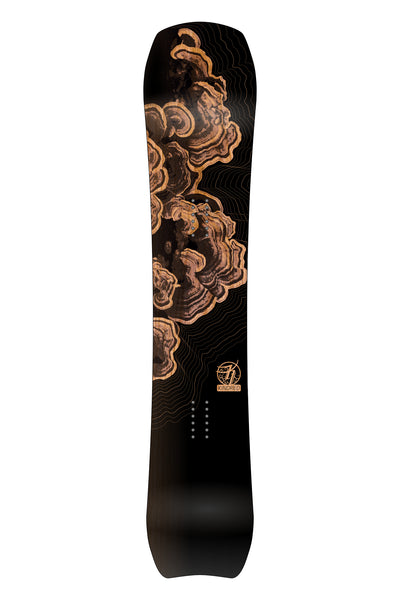 Kindred Tsitika snowboard featuring a graphic rendered stack of turkey tail mushrooms or fungi. Surrounding the fungi are thin lines mimicking a topographic map.