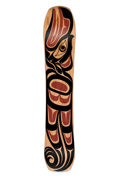 Woodgrain Kindred Ukee snowboard featuring a bold graphic coastal formline design of a raven in black and red. Artwork by Karver Everson.