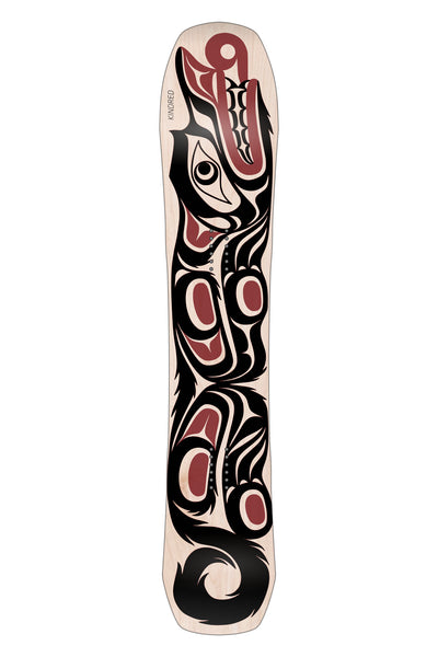 Woodgrain Kindred Ukee snowboard featuring a bold graphic coastal formline design of a wolf in black and red. Artwork by Karver Everson.