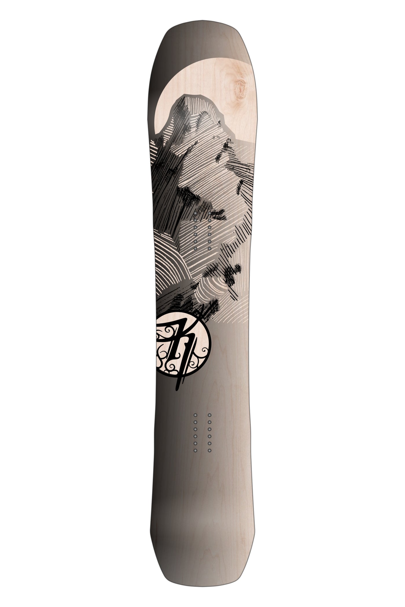 Kindred Ukee snowboard with mountain sketch artwork over maple wood topsheet. Agressive all mountain shape.
