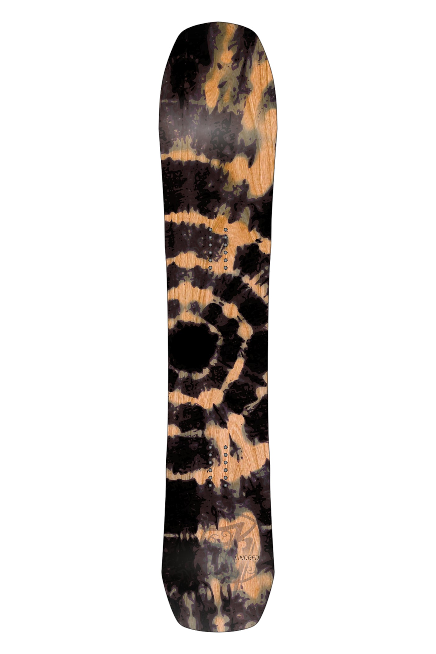 Kindred Ukee snowboard decorated in black and blue Tie-dye overtop of cherry woodgrain on a white background.