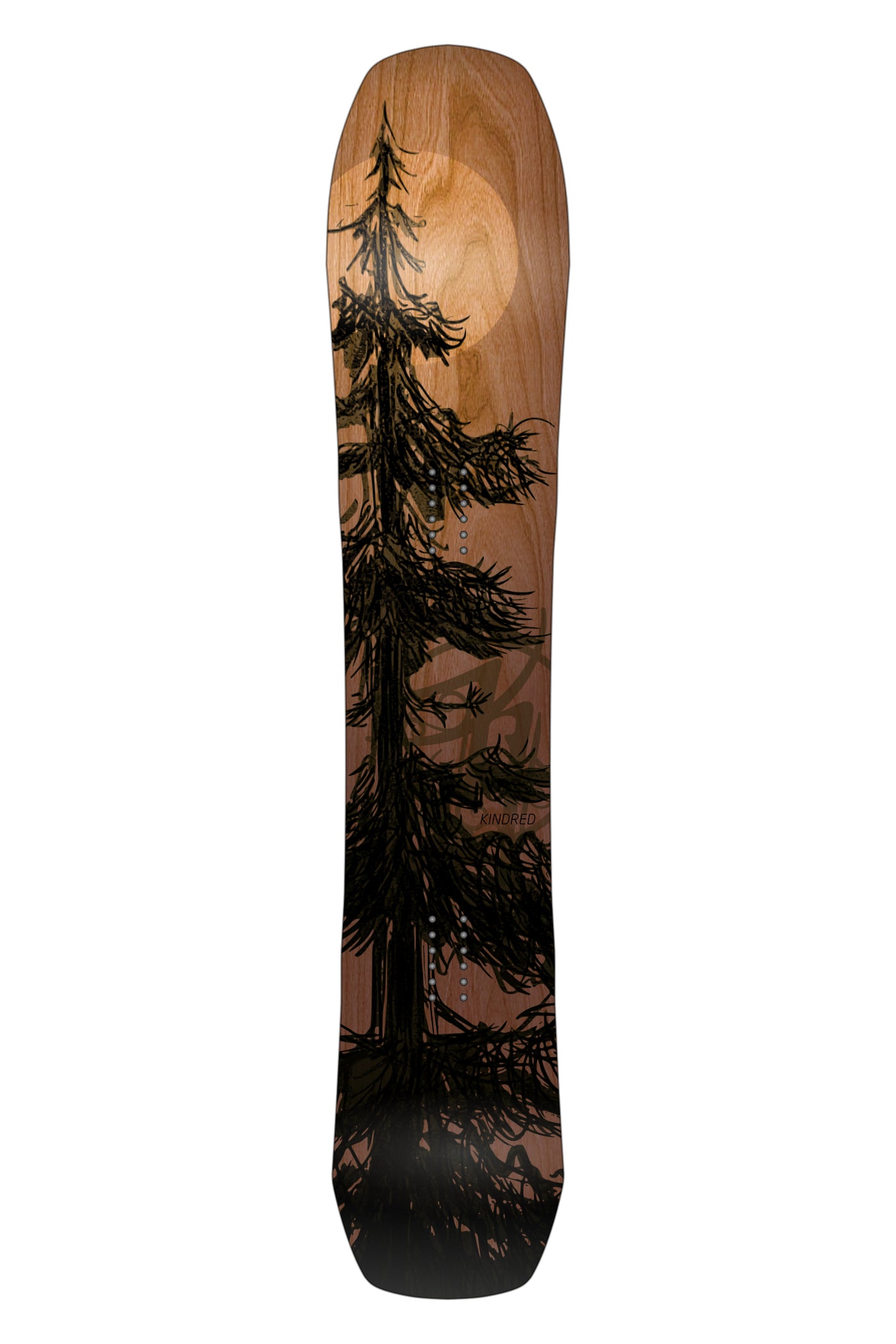 Wooden Kindred snowboard with a hand sketched  tree design in front of a glowing moon.