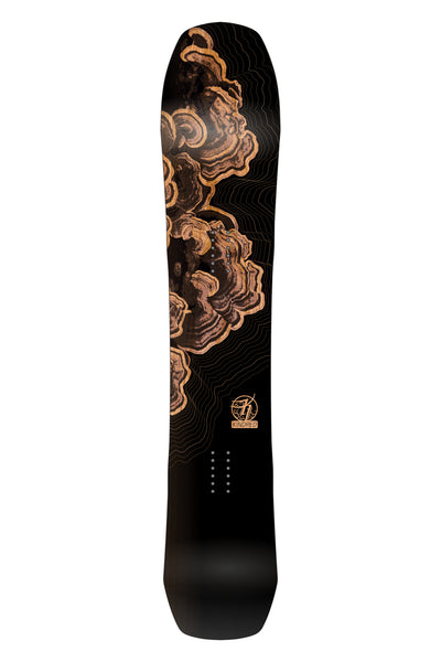 Kindred Ukee snowboard featuring a graphic rendered stack of turkey tail mushrooms or fungi. Surrounding the fungi are thin lines mimicking a topographic map.