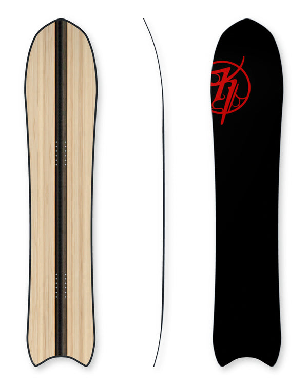 Carmanah snowboard construction with 50 mm centre carbon stringer and suspended shadow