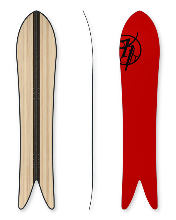 Merville snowboard construction with 50 mm centre carbon stringer and suspended shadow