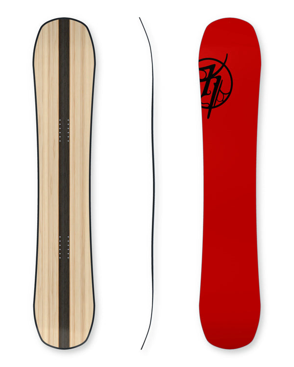 Nootka snowboard construction with 50 mm centre carbon stringer and suspended shadow