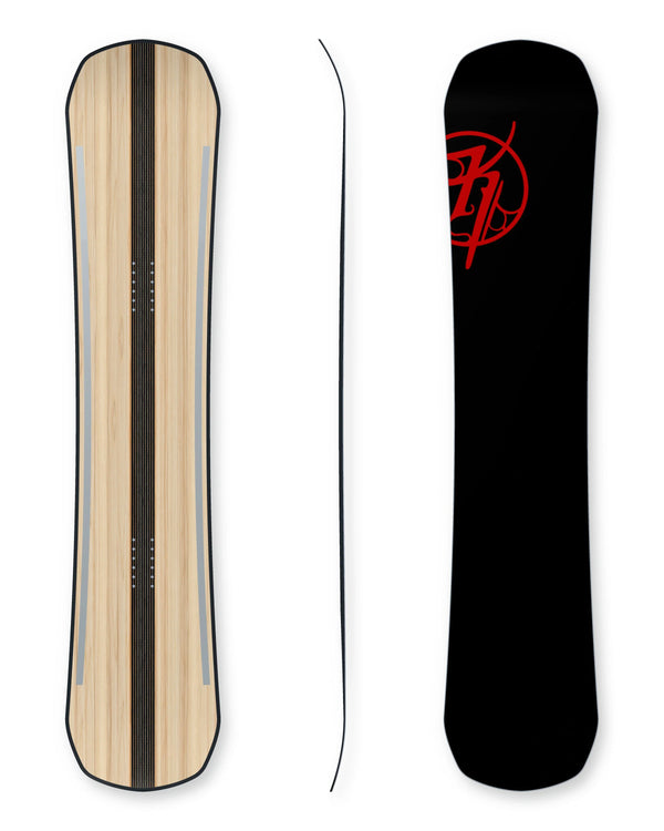 One Eyed Jack snowboard construction with 50 mm centre carbon stringer and suspended shadow