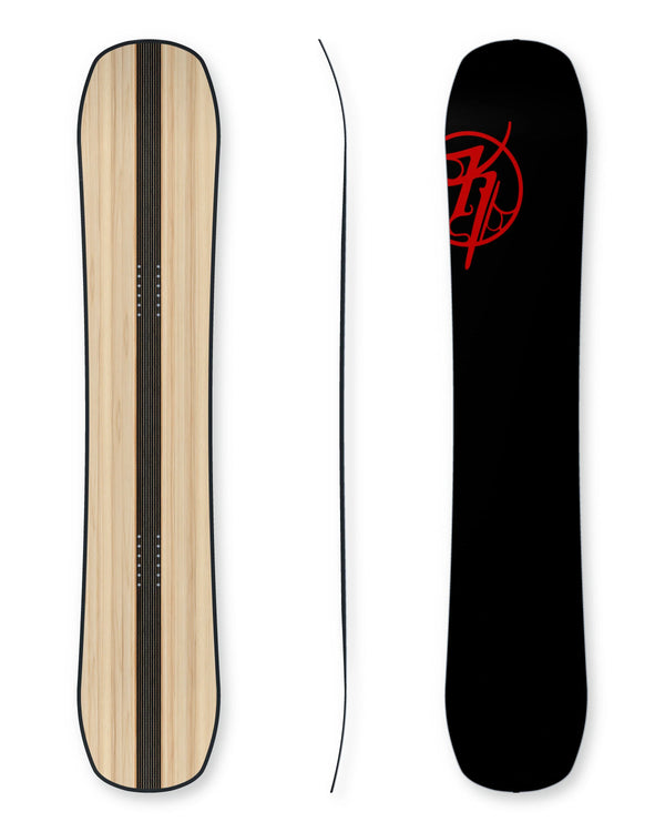 TR Twin snowboard construction with 50 mm centre carbon stringer and suspended shadow