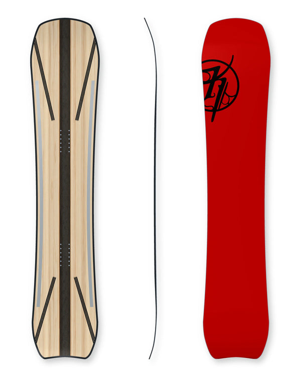 Tsitika snowboard construction with 50 mm centre carbon stringer and suspended shadow