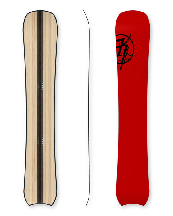 Tyee snowboard construction with 50 mm centre carbon stringer and suspended shadow