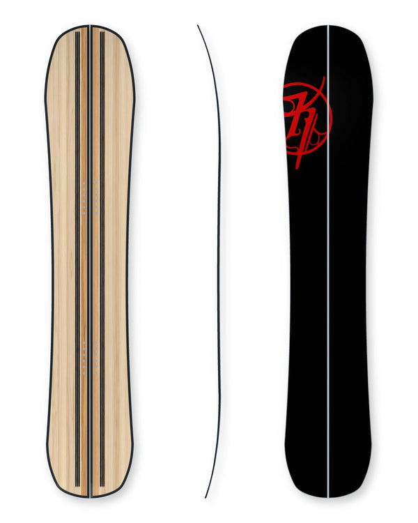 Kindred Black Creek Split, 158 cm: suspended core plan, side profile and base views with soft drop shadows.