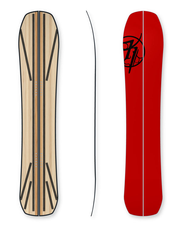 Kindred Ukee Split, 158 cm: suspended core plan, side profile and base views with soft drop shadows.