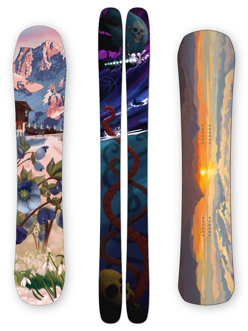 Custom sublimated artwork examples on a snowboard and skis