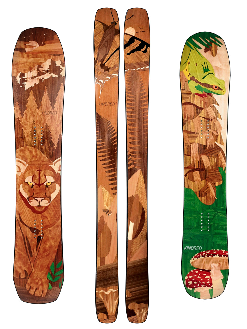 Custom wood marquetry artwork examples on a snowboard and skis